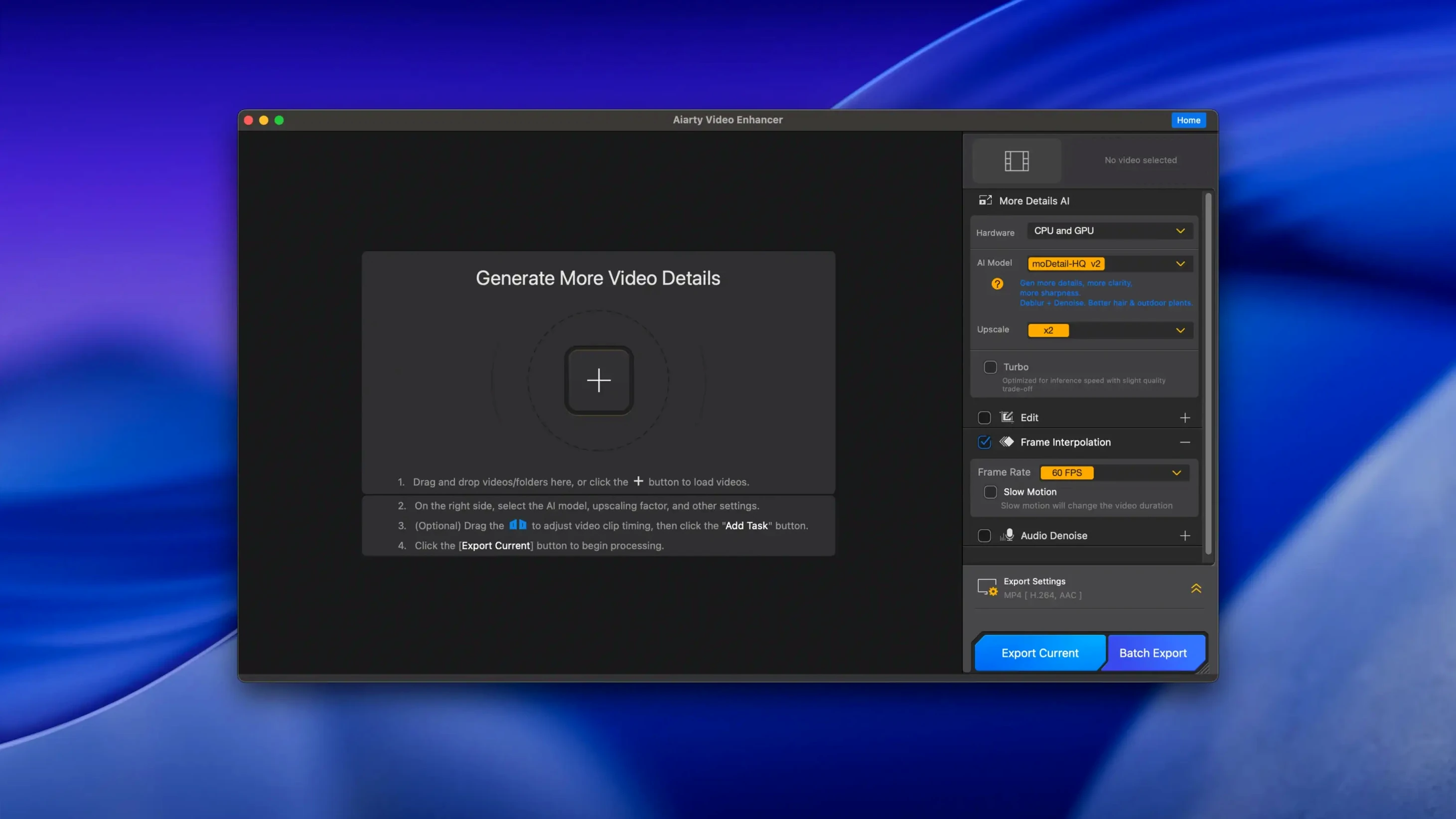 aiarty video enhancer for mac — opening view